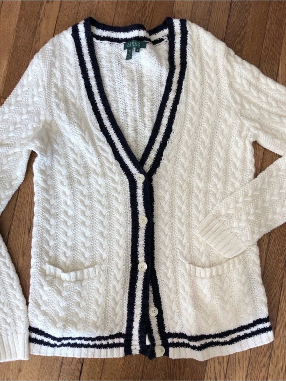 Ralph Lauren Cream Cable Knit Cardigan with Navy Trim